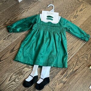Badgley mischka christmas holiday green dress with tights and hair clips 12-18 m
